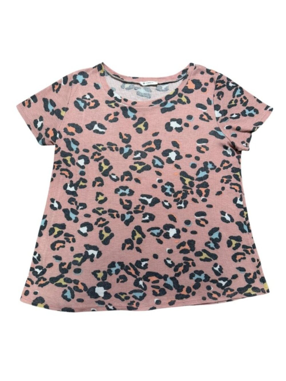 BOMBOM Pink Leopard Print Waffle Knit Short Sleeve Top Large Made in USA